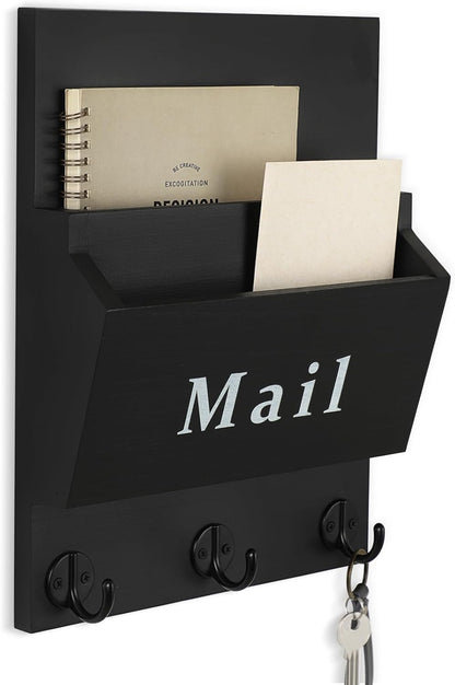 Mail and Key Holder, Wall Key Holder with 2 Mail Organizer Slot and 3 Hooks | Decorative 8.86" x 11.42" Mail Holder, Real Paulownia Wood with Keyhole Brackets, Hardware and Instructions