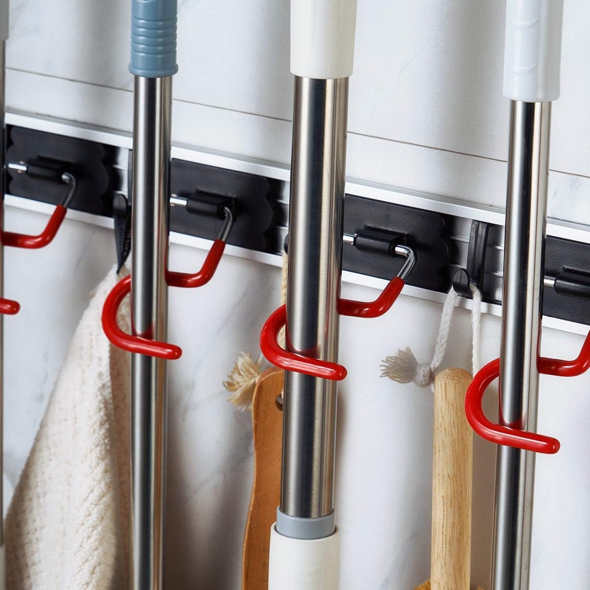 Wall Mounted Mop and Broom Holder Stainless Steel S Type Broom Rack Anti-Slip Mop Organizer (17 Inches,4 Positions 3 Hooks, Red black) (17inch)