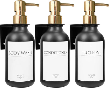 3 Pack Wall Mount Shower Dispenser, No Drill, 16 Waterproof Labels | Shampoo Dispenser for Shower Wall, Shampoo and Conditioner Dispenser, Bathroom, 17oz, Gold Amber
