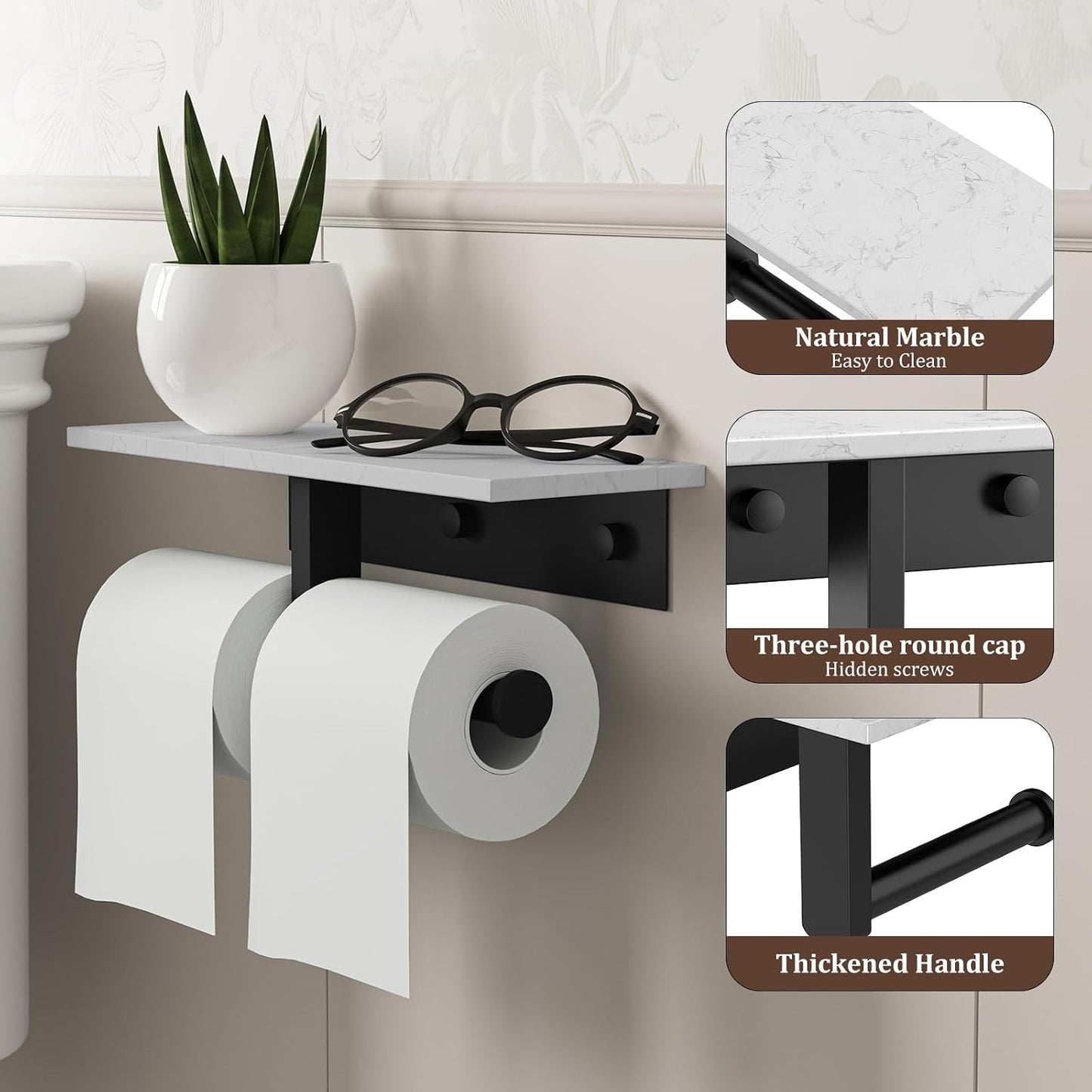 BWE Brushed Gold Toilet Paper Holder with Marble Shelf Wall Mounted | Toilet Paper Roll Holder with Phone Shelf 304 Stainless Steel Tissue Holder for Bathroom Washroom,Saving Space
