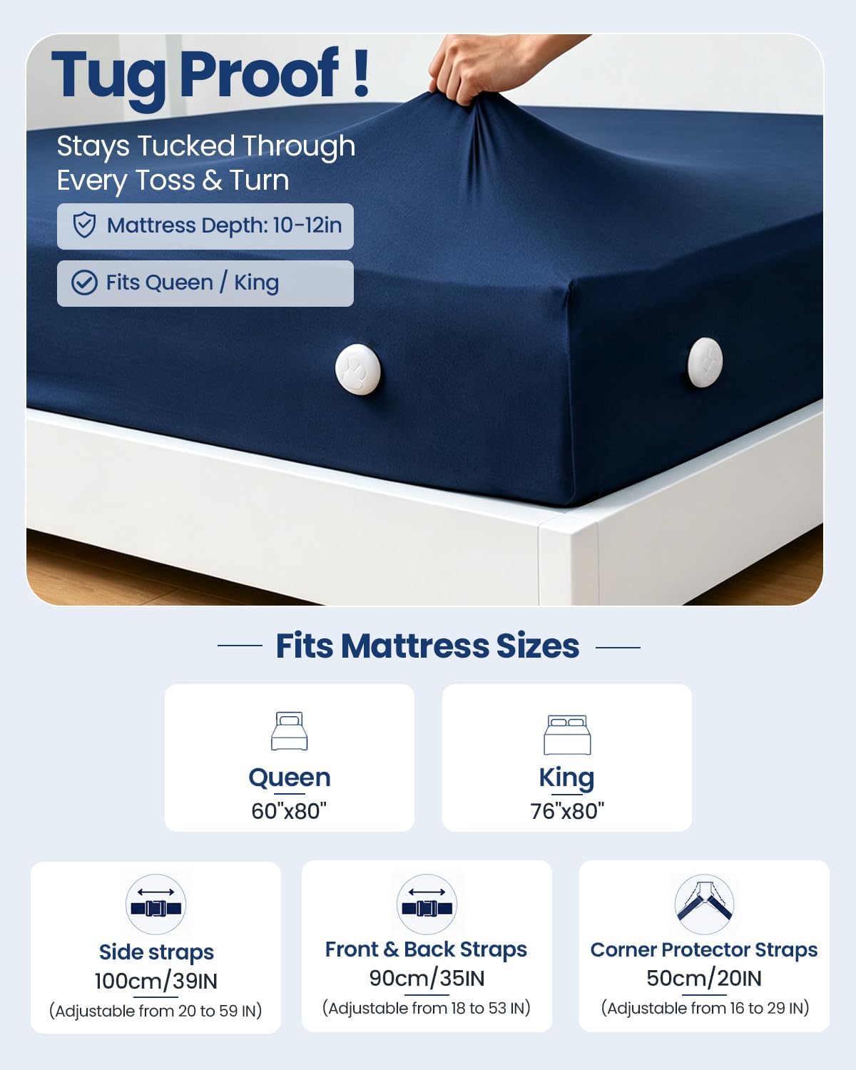 Bed Sheet Holders for Corners: 10 Clips with Side-Edge Locks (Not Just 4 Corners), One-Piece Bed Sheet Straps, No Metal & Anti-Slip, Heavy Duty Fitted Sheet Holder (Twin＆Full Style: 5-8in)