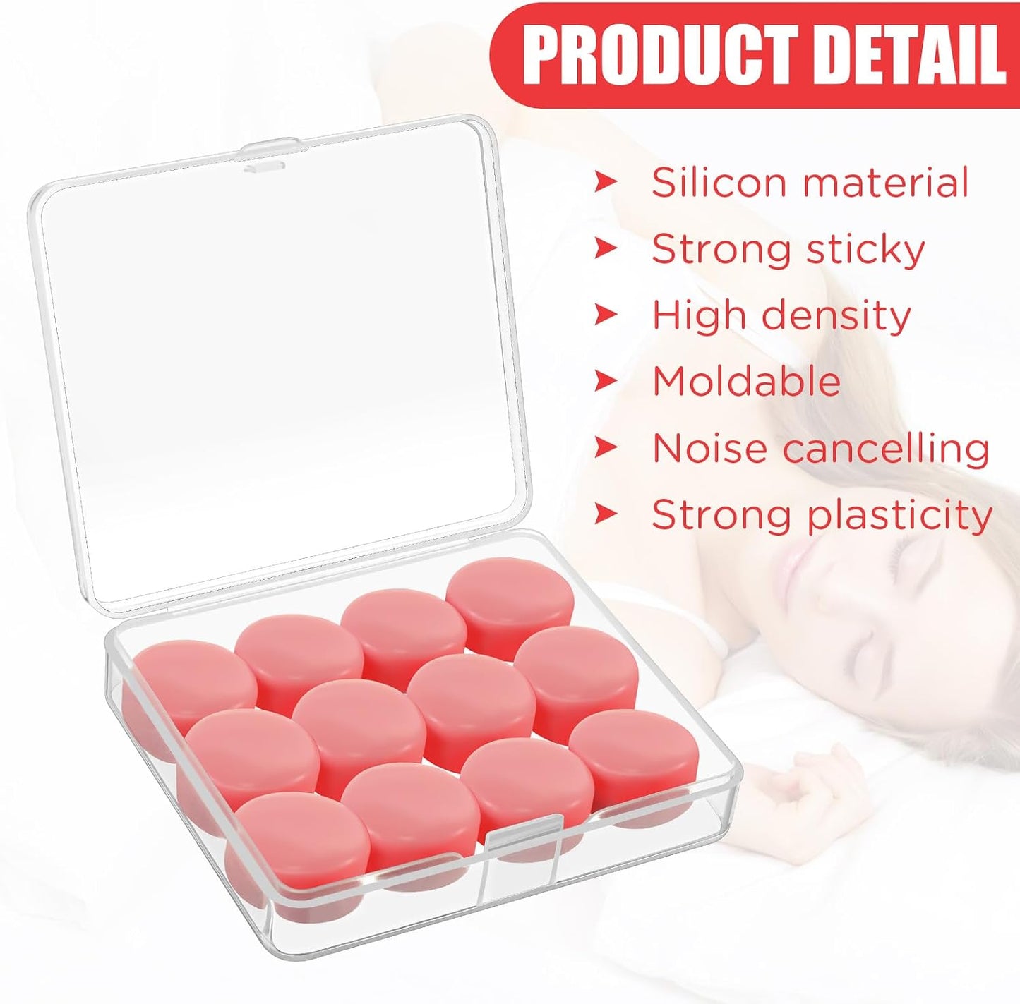 TrelaCo 12 Pack Soft Ear Plugs for Sleeping, Reusable Moldable Silicone Earplugs Noise Cancelling Reduction for Concerts, Swimming, Shooting, Snoring, Airplane, Musicians, Motorcycle (Pink)