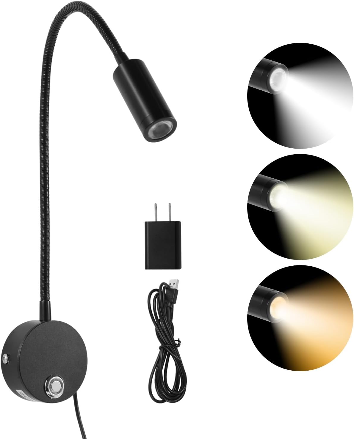 Reading Light for Bed, Wall Mounted Reading Lights with 15" Flexible Gooseneck, Touch Control, 3 Colors Temperature and Stepless Dimmable, Plug in Headboard Book Light(2 Pack)