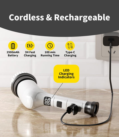Electric Spin Scrubber, Cordless Household Cleaning Brush with 6 Replaceable Heads, 3 Speeds, LED Display, Lightweight Handheld Power Scrubber for Cleaning Stove/Bowl/Sink/Corner/Tile/Grout-Black