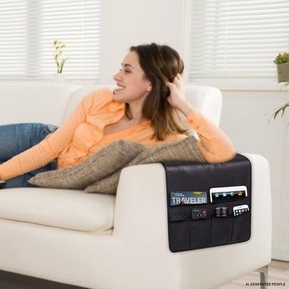 HAOMAIJIA Sofa Armrest Organizer, Remote Control Holder for Recliner Couch | Anti Slip Arm Chair Bedside Caddy Storage Organizer With 6 Pockets For Cell Phone Tv Remote Control Magazines (brown)
