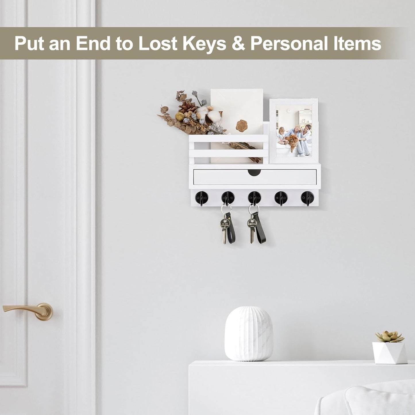 Key Holder Wall Mount, Mail Holder with Storage Drawer | Key and Mail Holder with 5 Key Hooks for Coat, Dog Leash, Home Decor Rack, House Accessories, Entry Way Organizer