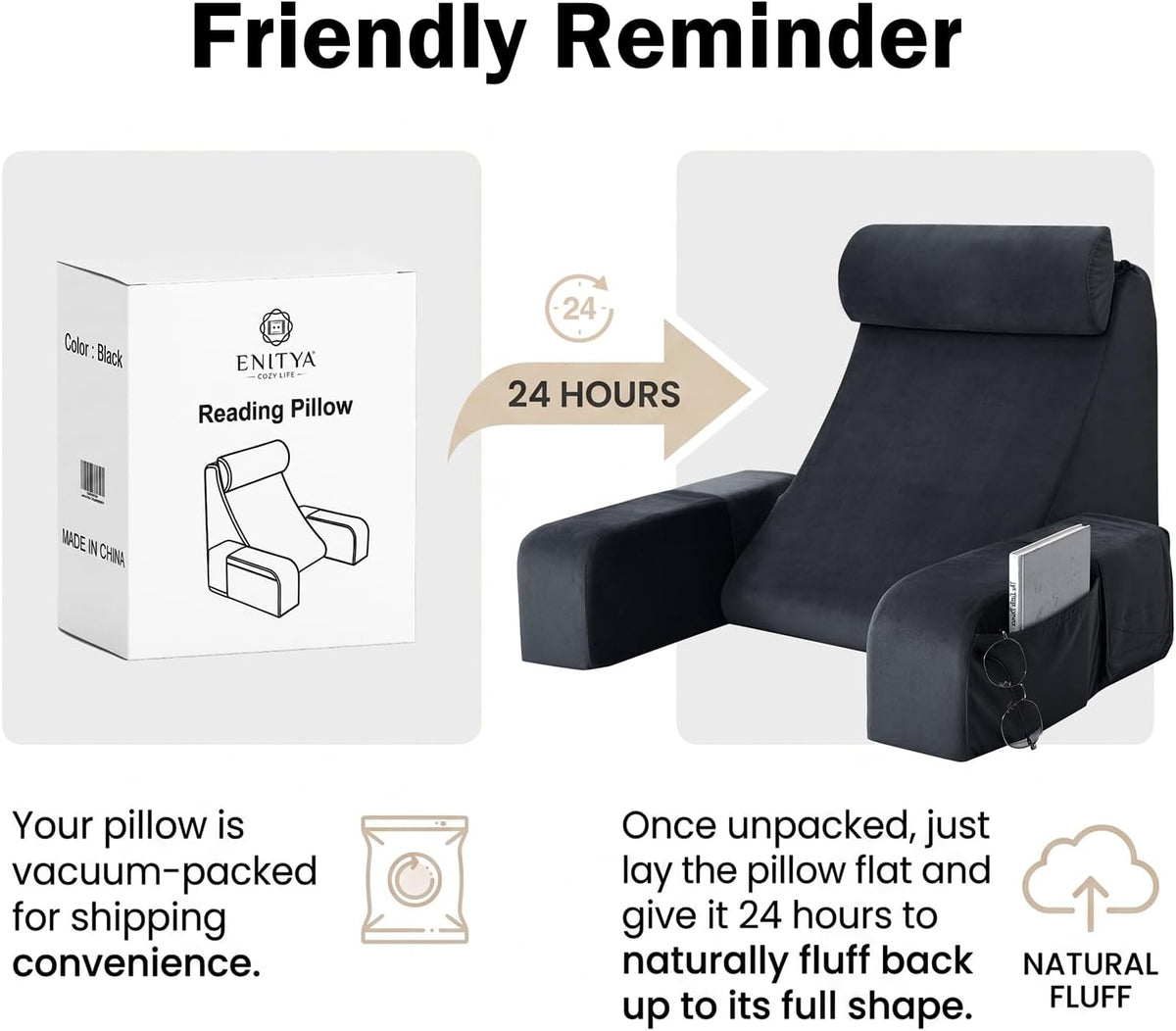 ENITYA 21" Reading Pillow for Bed with Firm Back Support & Big Pockets