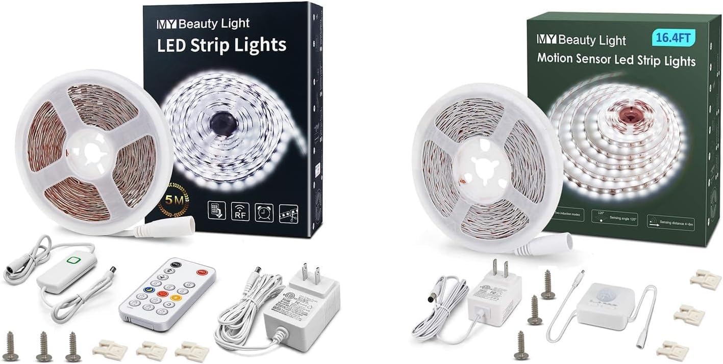 Warm White Led Strip Light with RF Remote Full Kits Bundle with Motion Sensor White Led Strip Light Full Kits