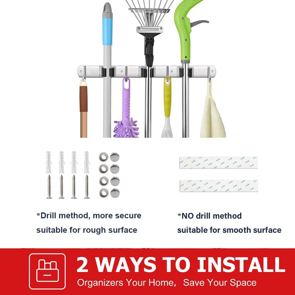 IMILLET 2 Pack Broom Holder Wall Mount Stainless Steel Mop Organizer | 5 Racks 4 Hooks Heavy Duty Garage Organization Storage,Broom and Mop Organizer Wall Hanging Self Adhesive for Laundry Room