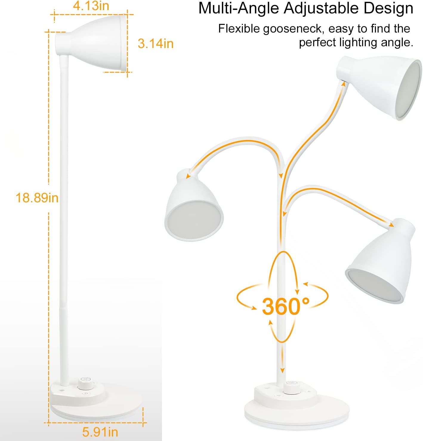 BOHON LED Desk Lamp with USB Charging Port 3 Color Modes Dimmable, Black | Reading Light Intelligent Induction Auto Dimming Task Lamp Neck Flexible Table Lamp for Bedside Office, AC Adapter Include