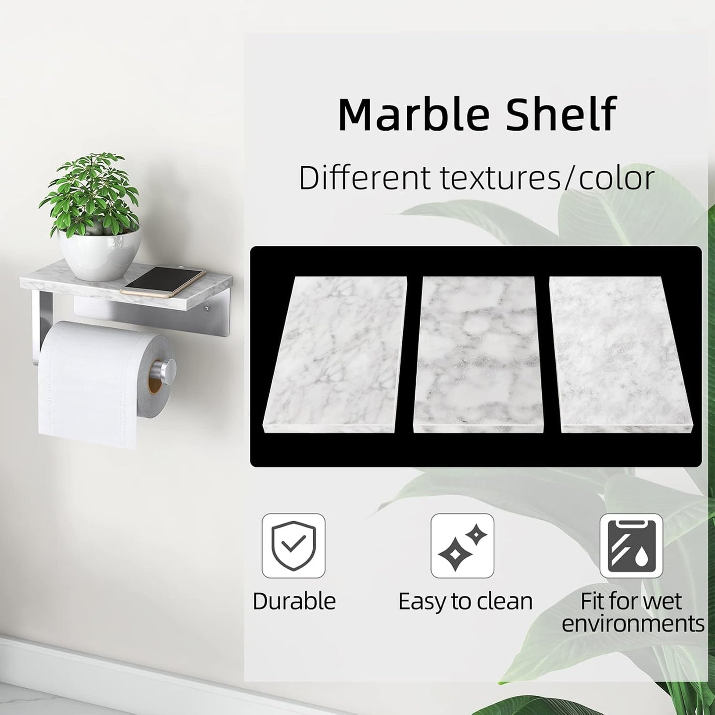 Gypie Marble Toilet Paper Holder with Shelf, Wall Mounted Matte Black | Stainless Steel Tissue Roll Paper Holder Dispenser for Bathroom Washroom