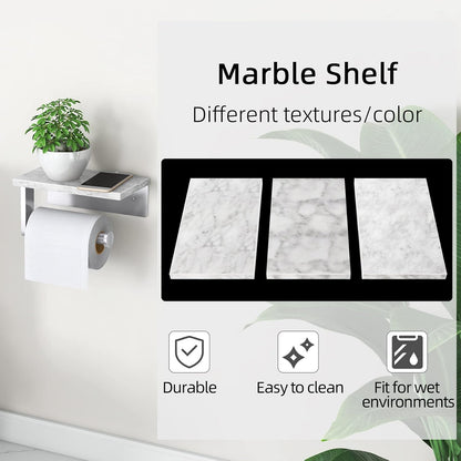 Gypie Marble Toilet Paper Holder with Shelf, Wall Mounted Matte Black | Stainless Steel Tissue Roll Paper Holder Dispenser for Bathroom Washroom