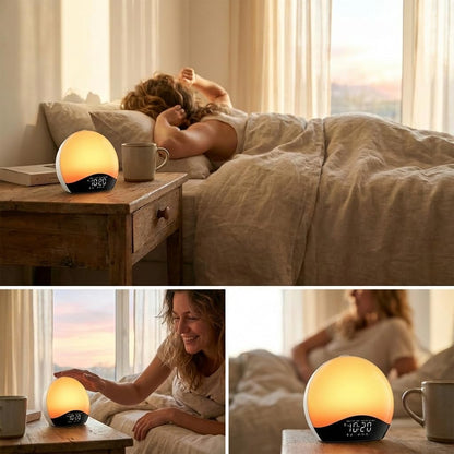 JALL Full Screen Dimmer Sunrise Alarm Clocks for Bedrooms, Wake Up Light with FM Radio, 25 White Noise Sleep Sounds, Bluetooth Speaker, Dual Alarms Bedside Clock for Heavy Sleepers