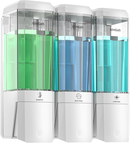 Shampoo and Conditioner Dispenser,GlintGath Shower Dispenser 3 Chamber No Drill Shampoo Dispenser for Shower Wall Mounted Shower Soap Dispenser for Bathroom Hotel,Large Capacity 3 * 500ML,White1
