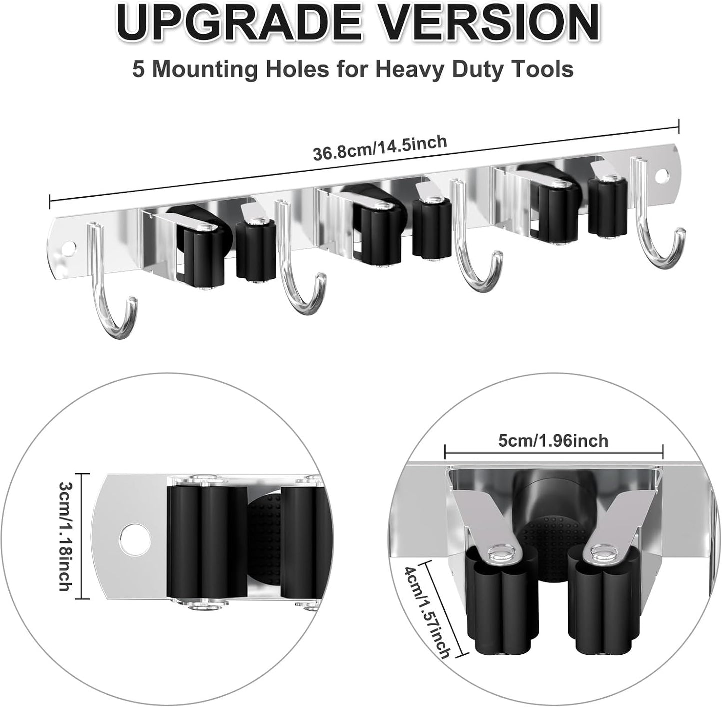 HANZENMA Broom Holder Wall Mount, Broom Organizer Wall Mount Stainless Steel Broom and Mop Hanger Heavy Duty Storage Organization for Home Kitchen Garden Garage Room 5 Racks 4 Hooks