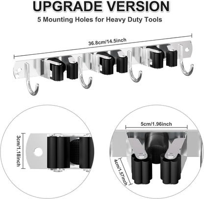 HANZENMA Broom Holder Wall Mount, Broom Organizer Wall Mount Stainless Steel Broom and Mop Hanger Heavy Duty Storage Organization for Home Kitchen Garden Garage Room 5 Racks 4 Hooks