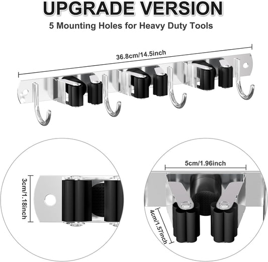 HANZENMA Broom Holder Wall Mount, Broom Organizer Wall Mount Stainless Steel Broom and Mop Hanger Heavy Duty Storage Organization for Home Kitchen Garden Garage Room 5 Racks 4 Hooks