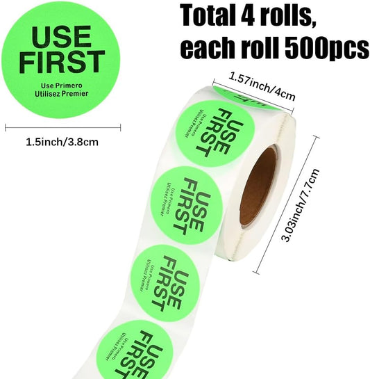 2000Pcs 4 Rolls Green Use First Stickers Kitchen Inventory Stickers 1.5 Inch Round dot Labels for Containers Packaging Tags Food Service Kitchen Restaurant Storage Rotation Stock Handling
