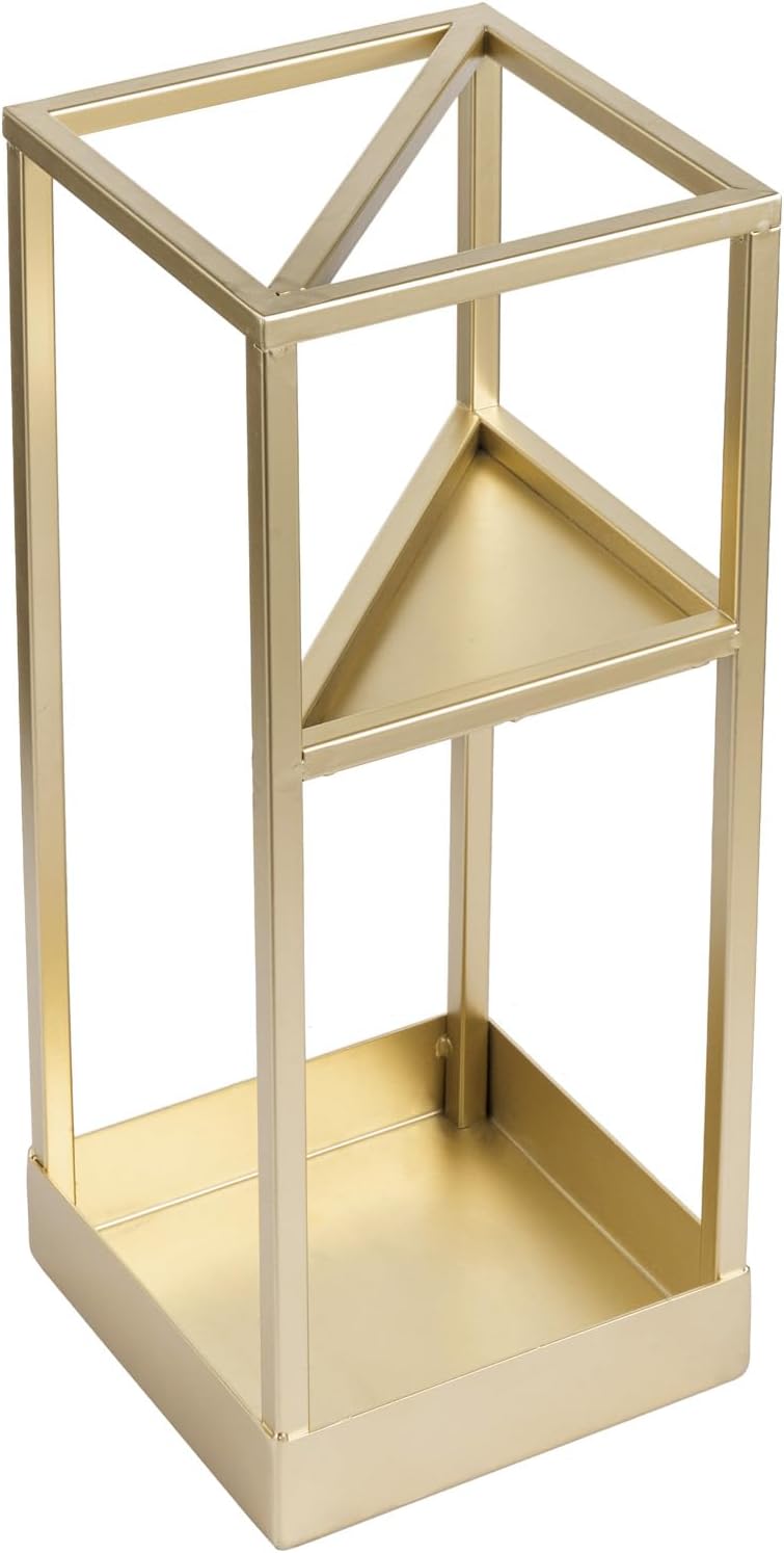 MyGift 20 Inch Brass Tone Metal Umbrella Stand with Drip Tray | Freestanding Rain Gear Storage - Long Short Umbrellas Canes Walking Sticks Entryway Lobby Office Floor Standing Drip Catcher