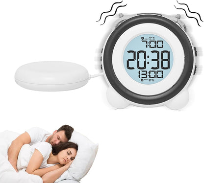 Alarm Clock with Bed Shaker Vibrating Alarm Clock with Bed Shaker, Battery Operated Loud for Heavy Sleepers with Dimmer, Snooze and Date Display, White