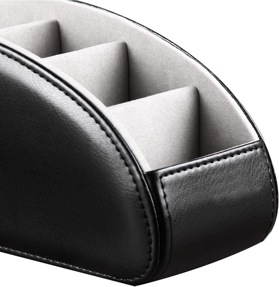 PU Leather Remote Control Holder with 5 Compartments - Storage Tray & Desktop Organizer for TV Remotes,Glasses,Pens,Accessories - Space-Saving Design for Bedside Table & Office Desk (Black)