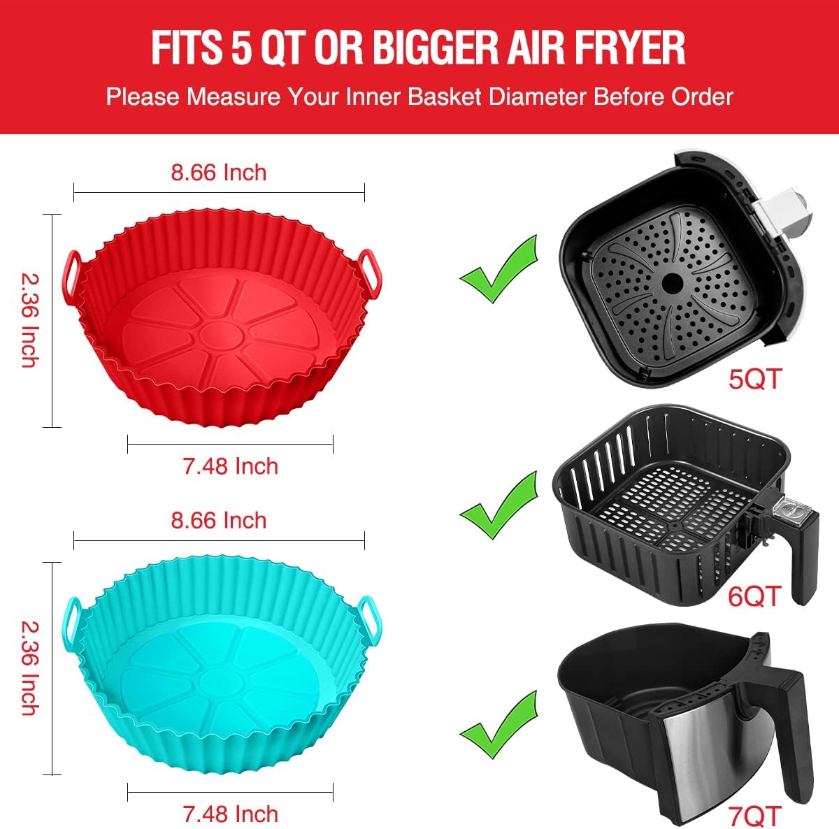 2 Pack Air Fryer Silicone Liners Pot for 3 to 5 QT, Basket Bowl, Replacement of Flammable Parchment Paper, Reusable Baking Tray Oven Accessories, Red+Blue, (Top 8in, Bottom 6.75in)