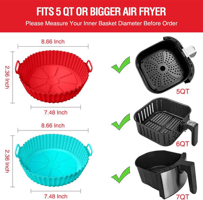 2 Pack Air Fryer Silicone Liners Pot for 3 to 5 QT, Basket Bowl, Replacement of Flammable Parchment Paper, Reusable Baking Tray Oven Accessories, Red+Blue, (Top 8in, Bottom 6.75in)