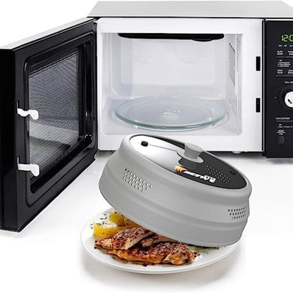Collapsible Microwave Cover for Food - Silicone and Glass Splatter Guard Lid for 6-12 inch Plates & Bowls, Dishwasher Safe, Heat Resistant, BPA-Free, Black