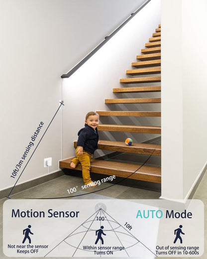 Motion Sensor Led Light Strip - with UL FCC Plug Adapter, Multi-Functional Controller, Dimmer, Timer, Under Cabinet Lights for Indoor Kitchen Stair Showcase Bedroom Corridor Counter 16.4ft Warm White.