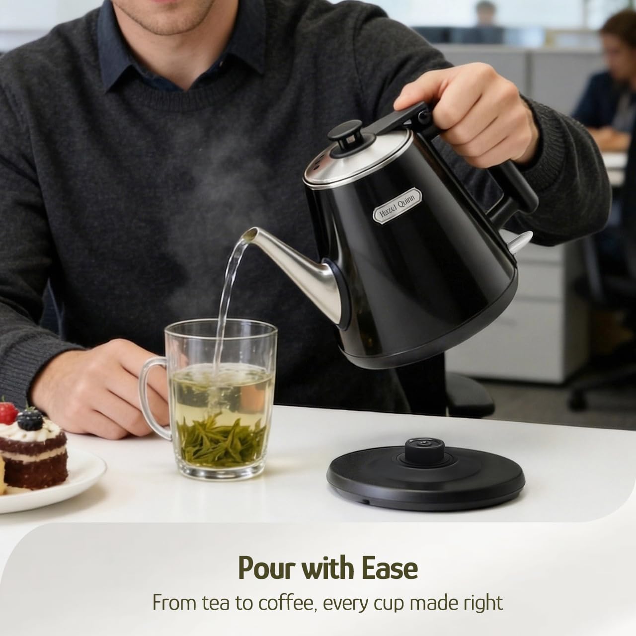 Hazel Quinn Electric Kettle, 1L/34oz Small Tea Kettle - Pearl White | 800W Fast Boil, 304 Stainless Steel Interior, Double-Wall Cool Touch, Gooseneck Spout, Auto Shut-Off, BPA-Free Cordless Home