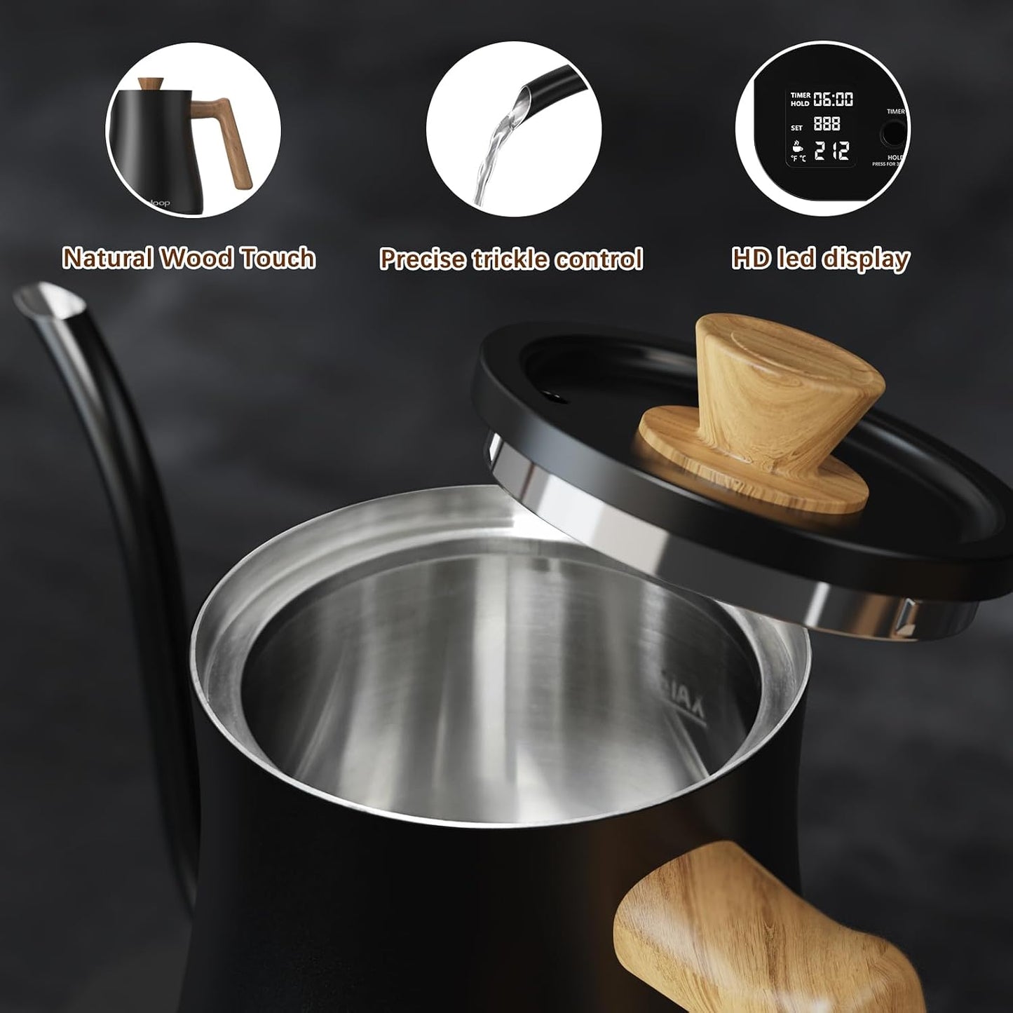 Gooseneck Electric Kettle, Electric tea Kettles, ±1℉ Temperature Control for Pour-Over Coffee & Tea Brewing, Stainless Steel Inner, Quick Heating, Boil Hot Water, 1200W/0.8L (Black Wooden)