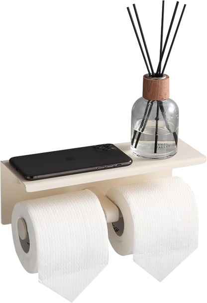 BGL Toilet Paper Holder with Shelf Matte Black, 304 Stainless Steel Wall Mount Toilet Tissue Roll Holder with Double Post for Bathroom, Commercial Toilet Paper Dispenser with Phone Shelf