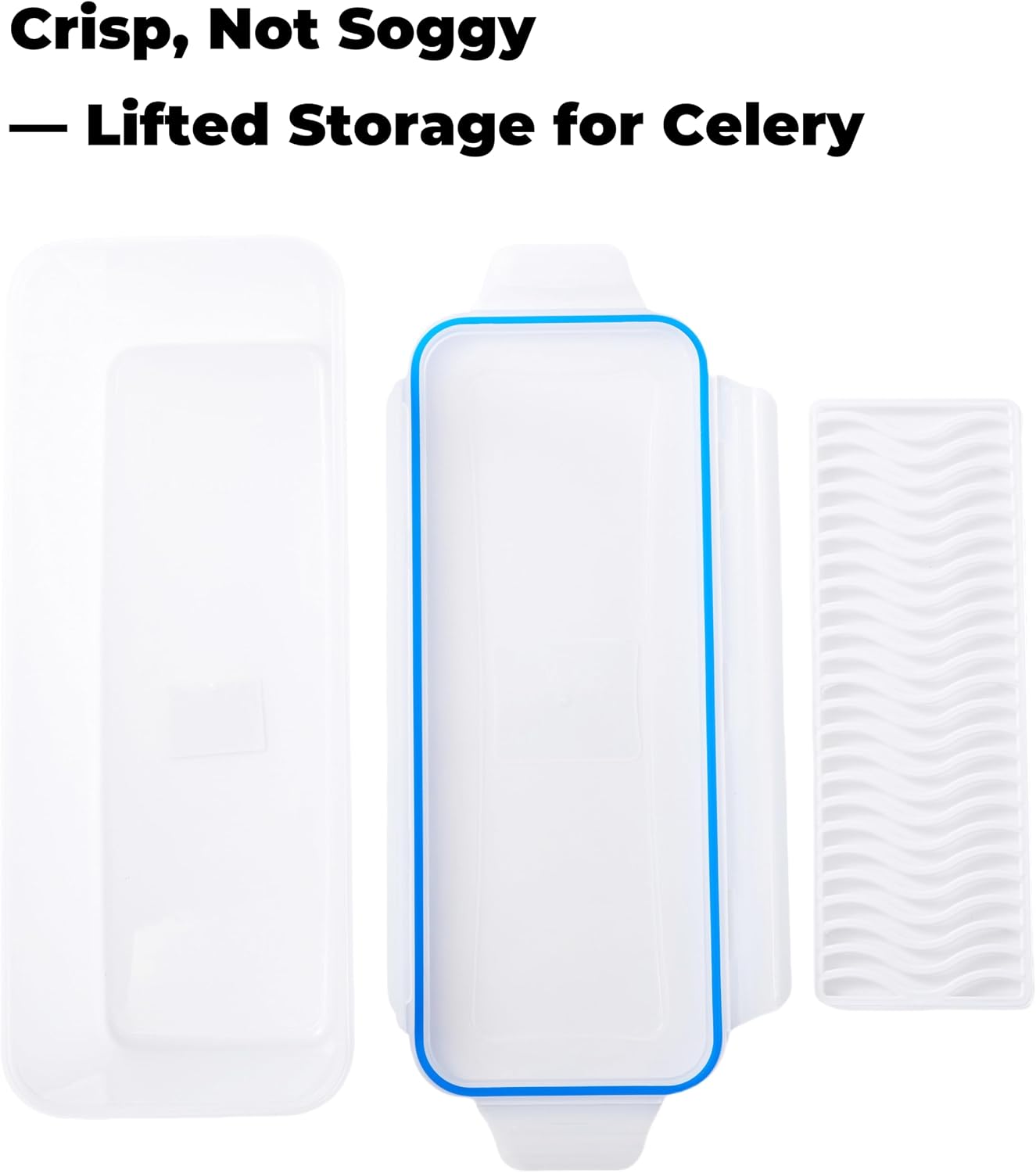 Celery Keeper for Refrigerator, 14 in 3.5 L Produce Container | Airtight Snap-Lock Lid, Draining Tray, Long Storage Bin, For Celery, Carrots, Greens And Refrigerator Produce