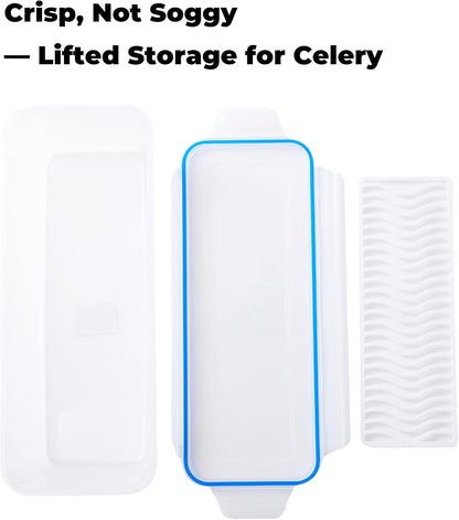 Celery Keeper for Refrigerator, 14 in 3.5 L Produce Container | Airtight Snap-Lock Lid, Draining Tray, Long Storage Bin, For Celery, Carrots, Greens And Refrigerator Produce