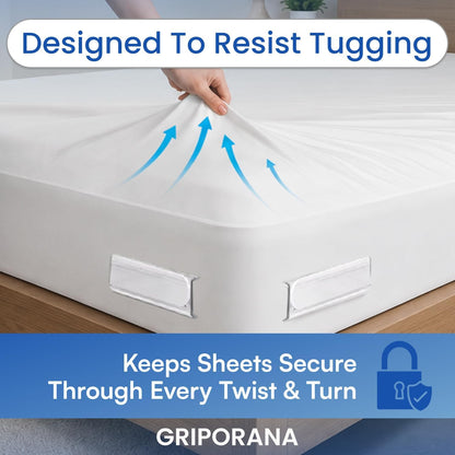 Bed Sheet Holders for Corners - Non Slip Mattress Sheet Gripper - Universal Sheet Holders - No Damage Bedding Holder - Strong 55kg Hold - Easy One-Time Installation - White Sheet Tucker Included