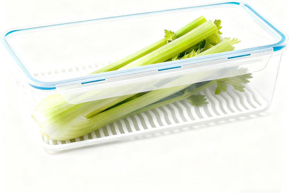 Celery Keeper for Refrigerator, 14 in 3.5 L Produce Container | Airtight Snap-Lock Lid, Draining Tray, Long Storage Bin, For Celery, Carrots, Greens And Refrigerator Produce