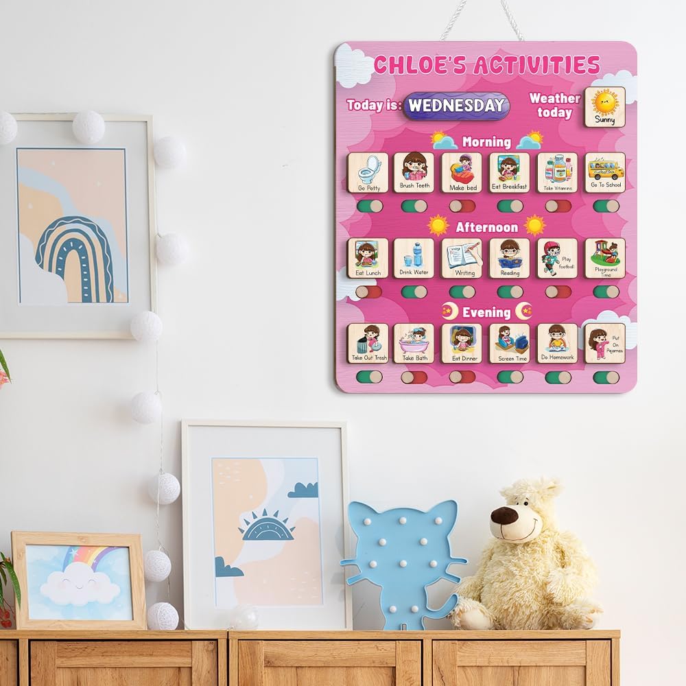 Daily Routine Chart for Kids, Visual Schedule, Routine Chart for Toddlers 3-5, Morning Bedtime Routine Chart for Toddlers, Wooden Chore Chart for Kids