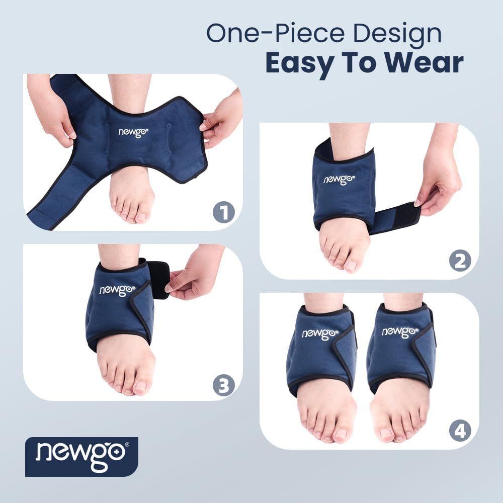 NEWGO Ankle Ice Pack Wrap for Swelling, Plantar Fasciitis, Foot Pain Relief, Reusable Gel Cold Compression Ankle Brace for Injuries, Achilles Tendonitis