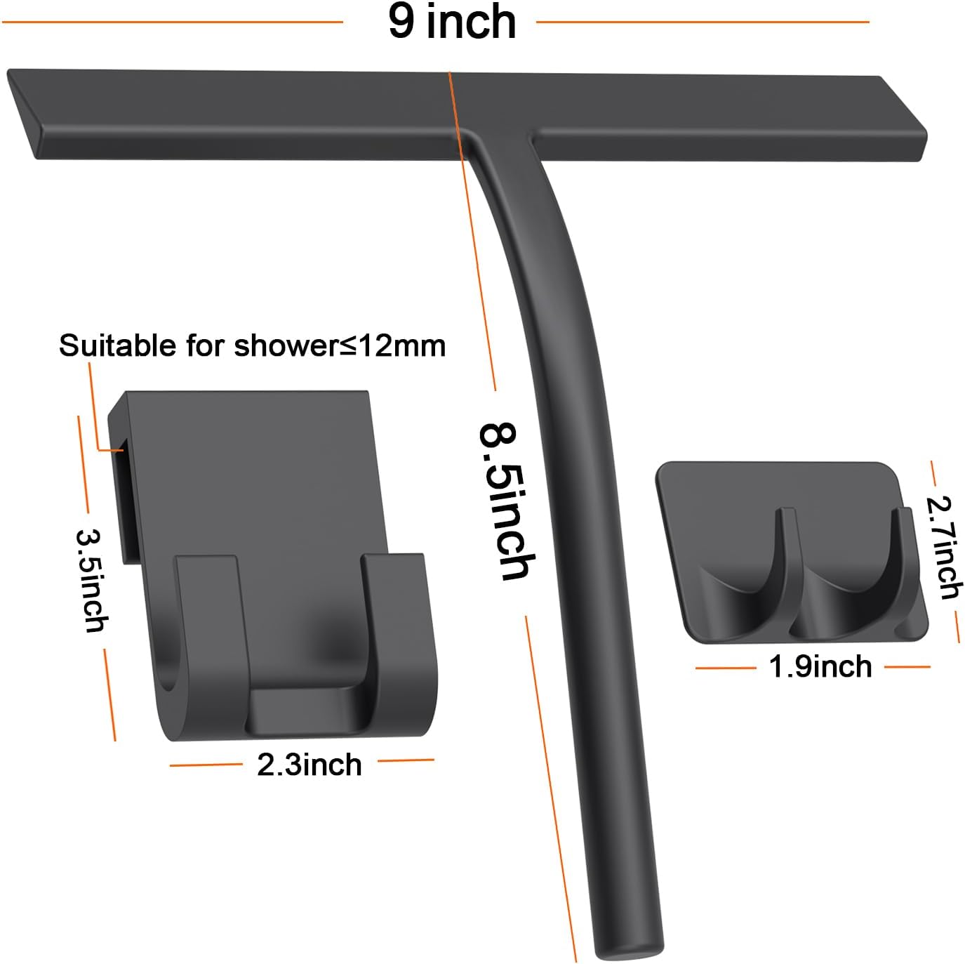 Silicone Shower Squeegee, Black, 9 inch | All-Purpose, For Shower Glass Door Window Mirror Tile Car Walls, 2 Hooks Included, Bathroom Accessories