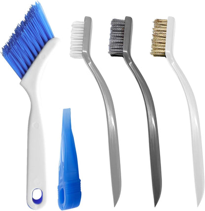 Crevice Cleaning Brush Set for Kitchen & Window Tracks, 4-Piece | 4-piece set includes hard bristle, steel wire, brass wire, nylon brushes and a built-in scraper for gaps, grout and tracks.