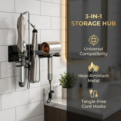 Universal Hair Dryer Holder, Self Adhesive Wall Mount, White | Universal storage rack fits most brand blow dryers, ideal for bathroom organization