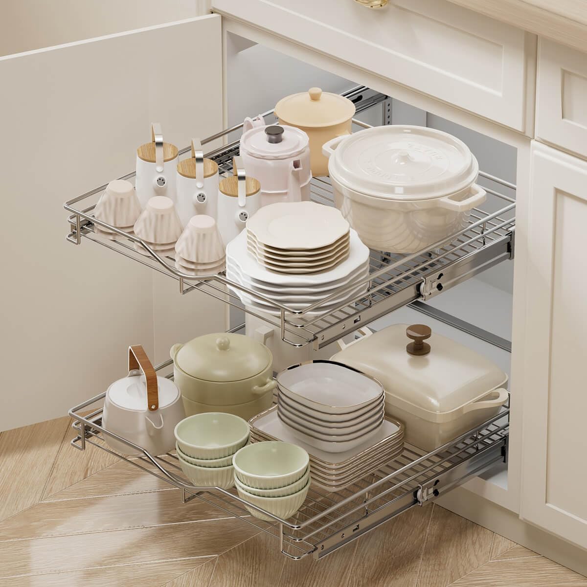 OCG Pull Out Cabinet Organizer (15" W x 21" D), Pull out Drawers, Cabinet Pull Out Shelves for Base Cabinet Organization in Kitchen Bathroom Pantry, Bottom Mount, Chrome Finish