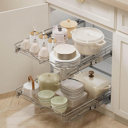 OCG Pull Out Cabinet Organizer (15" W x 21" D), Pull out Drawers, Cabinet Pull Out Shelves for Base Cabinet Organization in Kitchen Bathroom Pantry, Bottom Mount, Chrome Finish