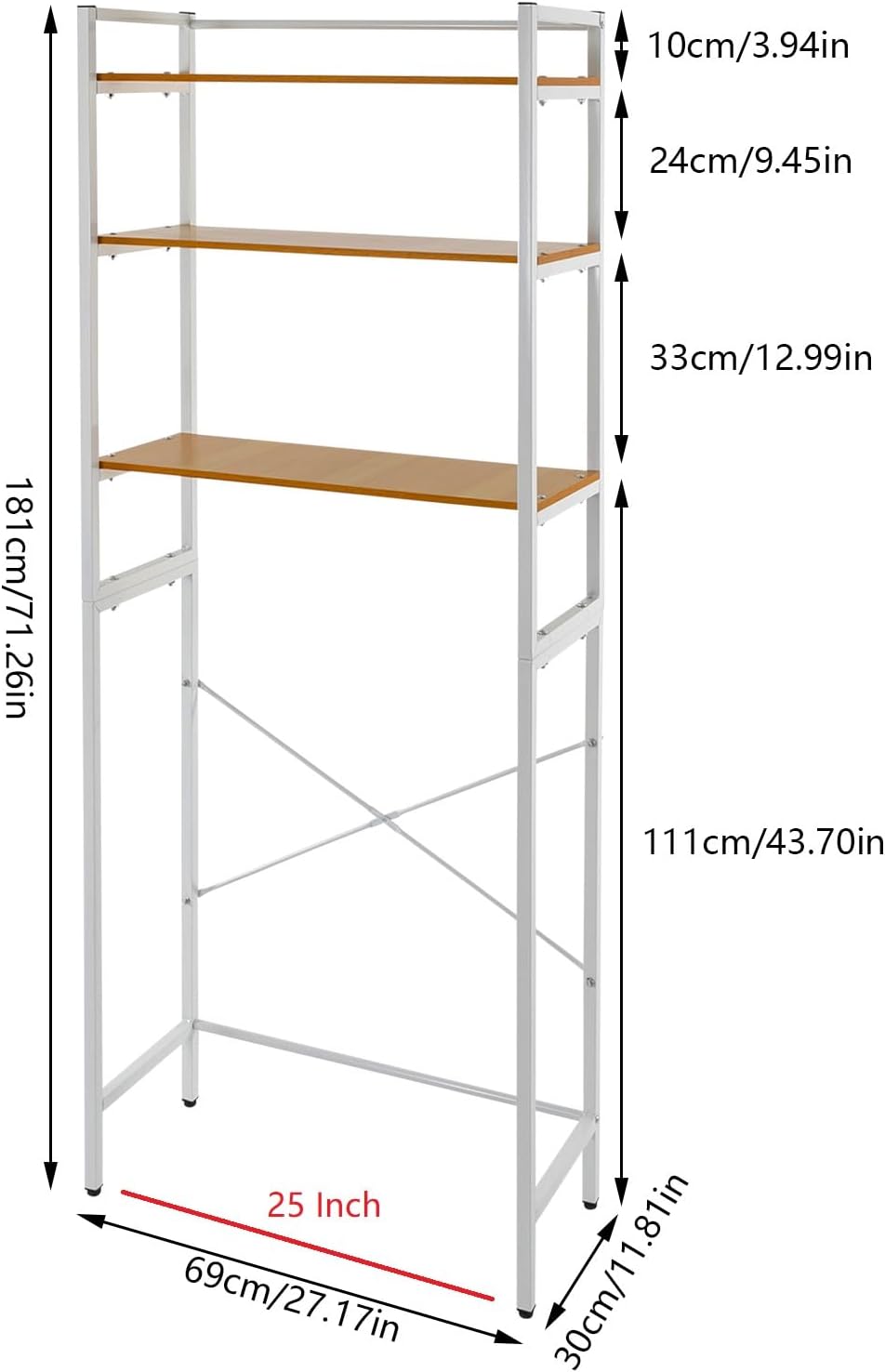 3 Tiers Over The Washer and Dryer Storage Shelf, Bathroom Rack Shelf with Adjustable Feet Freestanding Storage Rack Wood Laundry Shelf Organizer Black for Bathroom