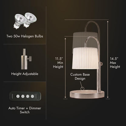 Dimmable Glass Candle Warmer Lamp with Timer - Adjustable Height Candle Lamp Warmer with Timer (8H/4H/2H) - Wax Melter - Ideal Gift, fits Various Size Scented Candles - 02 Bulb - (Gold Metal)