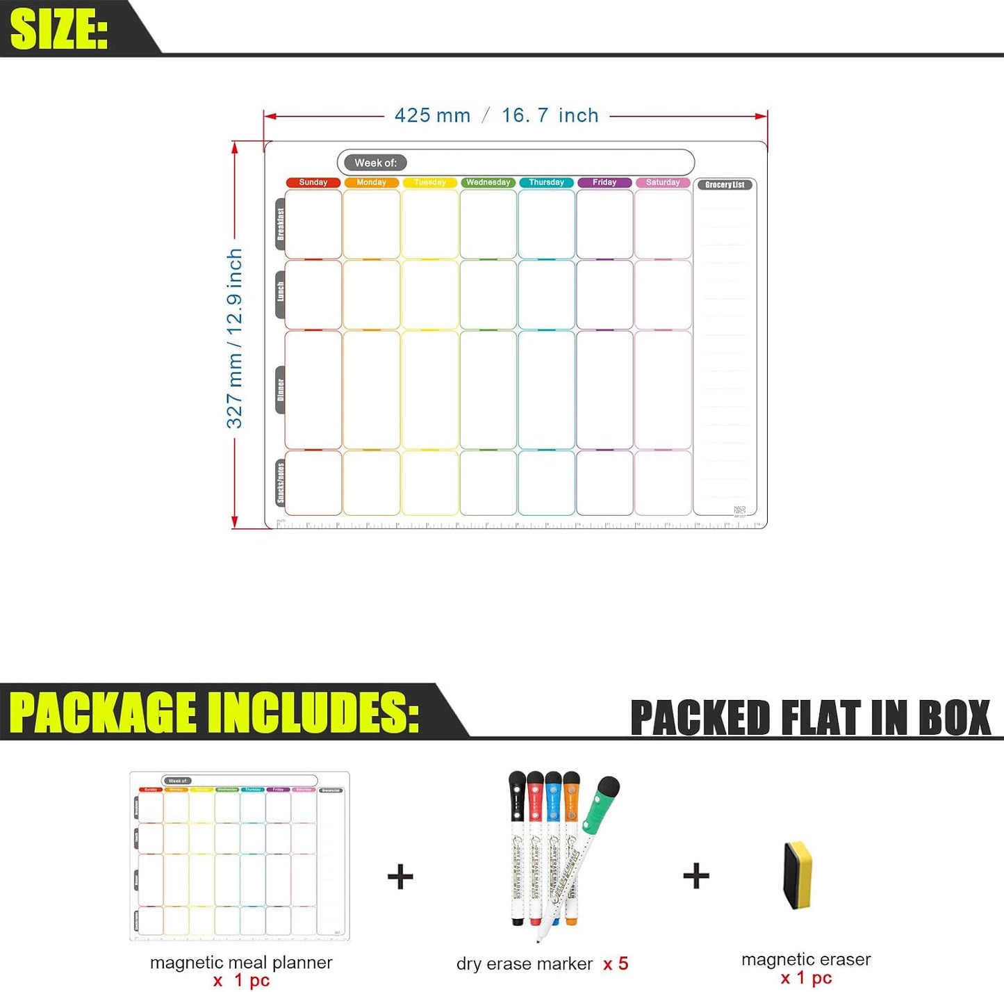 Magnetic Calendar for Fridge, Dry Erase Weekly Planner, 13" x 16.9" | Strong Magnetic Hold, Vertical Weekly Layout, Large Daily Spaces, Easy to Clean, Color-Coded, Dual-Magnet Markers & Eraser