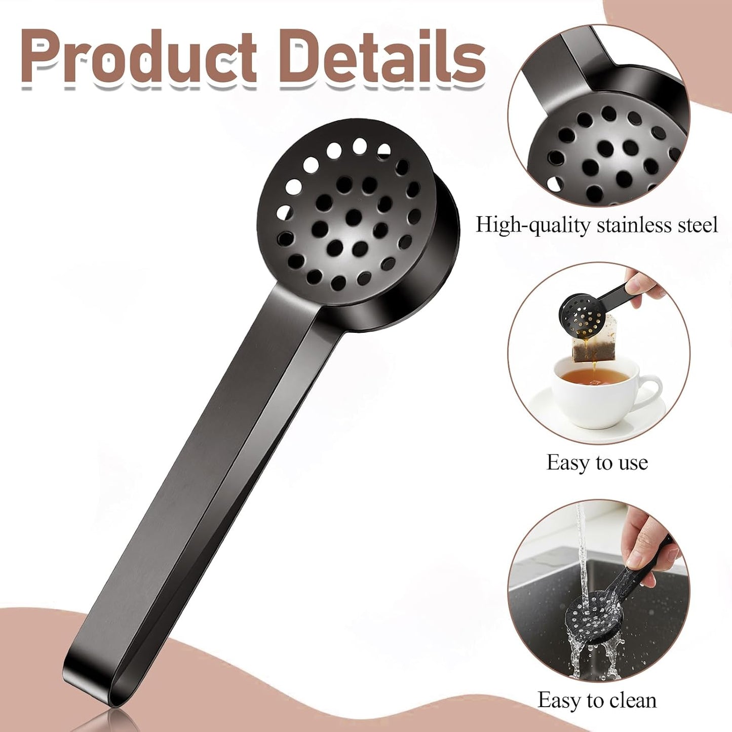 Stainless Steel Teabag Squeezer Tea Tongs Filter Spoon, 2 PCS Tea Bag Squeezer Tongs, Round Teas Bag Clip Clamp for Home Kitchen Bar Tools Teas Drinkers Accessories (Black)