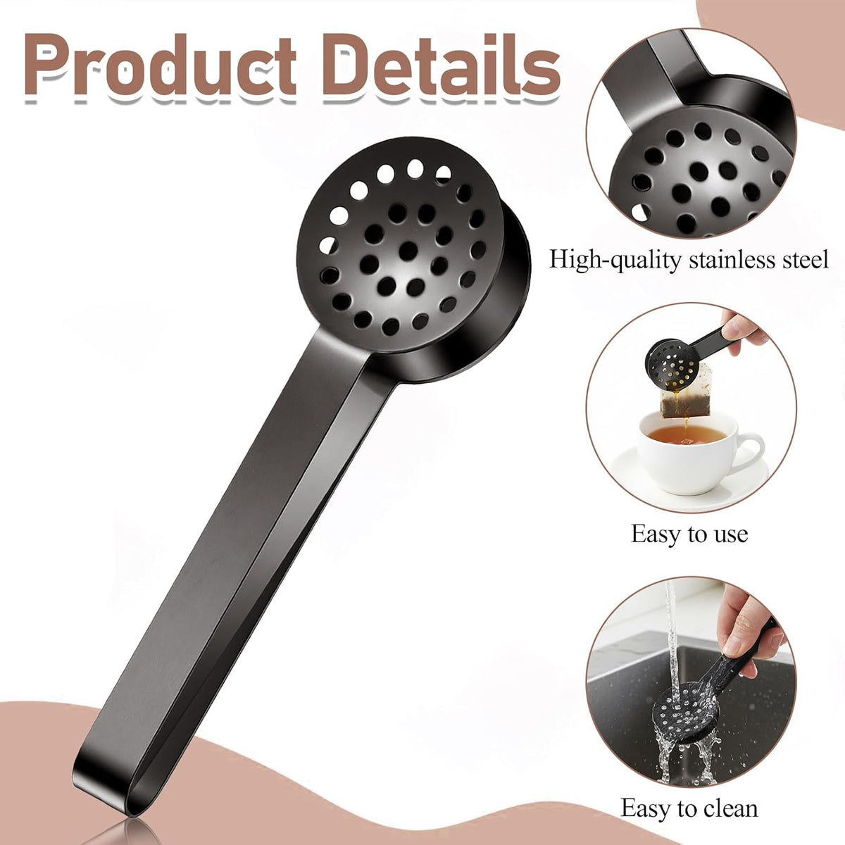 Stainless Steel Teabag Squeezer Tea Tongs Filter Spoon, 2 PCS Tea Bag Squeezer Tongs, Round Teas Bag Clip Clamp for Home Kitchen Bar Tools Teas Drinkers Accessories (Black)