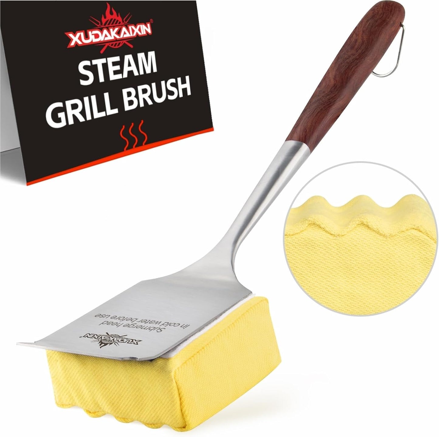 Bristle-Free Steam Cleaning Grill Brush Kit – Luxurious Long Rosewood Handle, Includes 1 Replacement Head – Safe BBQ Grill Cleaning for Outdoor Grill – Great Gift for Men/Dad