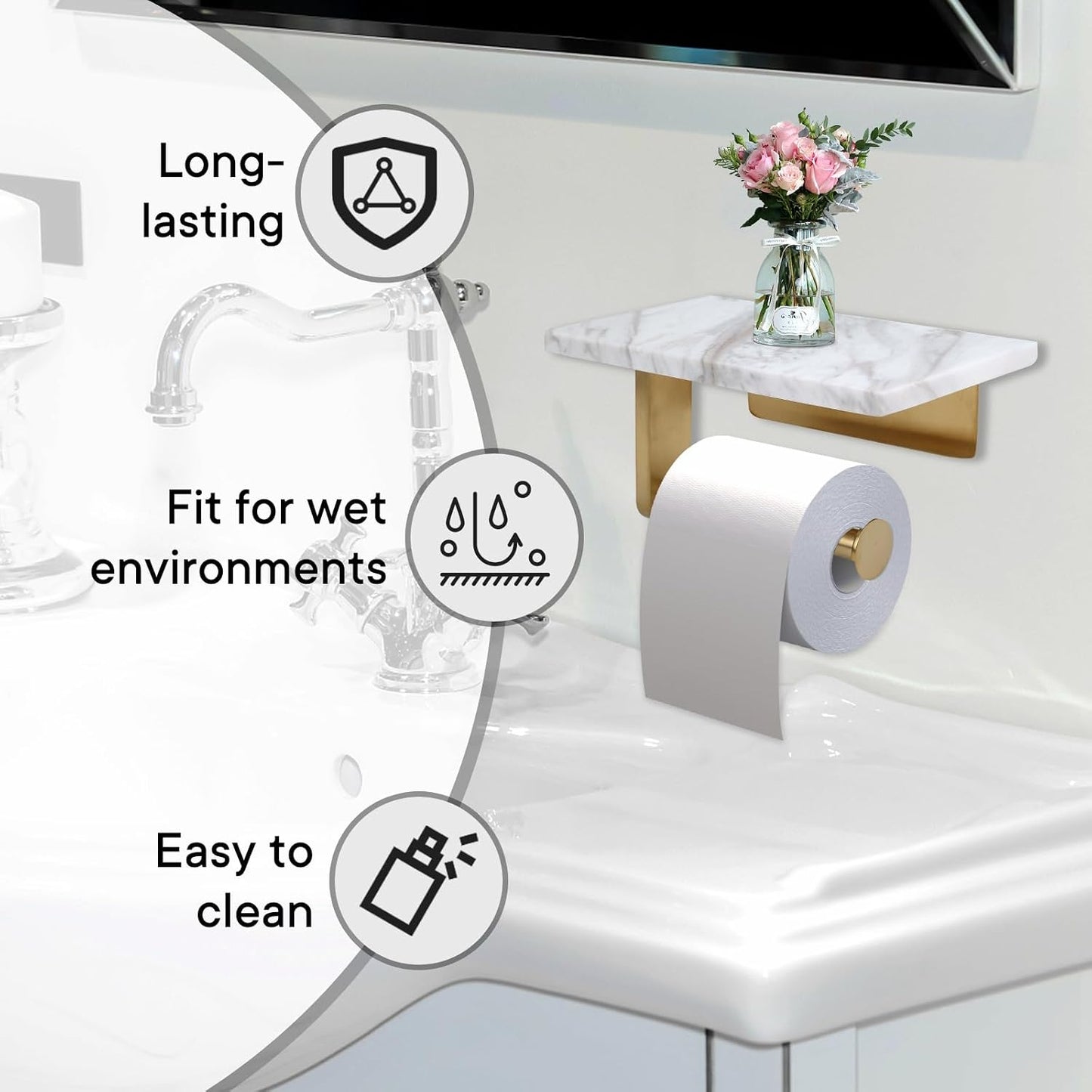 Toilet Paper Holder with Natural Marble Shelf for Bathroom Washroom,Wall Mounted Tissue Holder Suitable for Mega Roll (Brushed Nickel,Small 6.7 * 4.3 in)